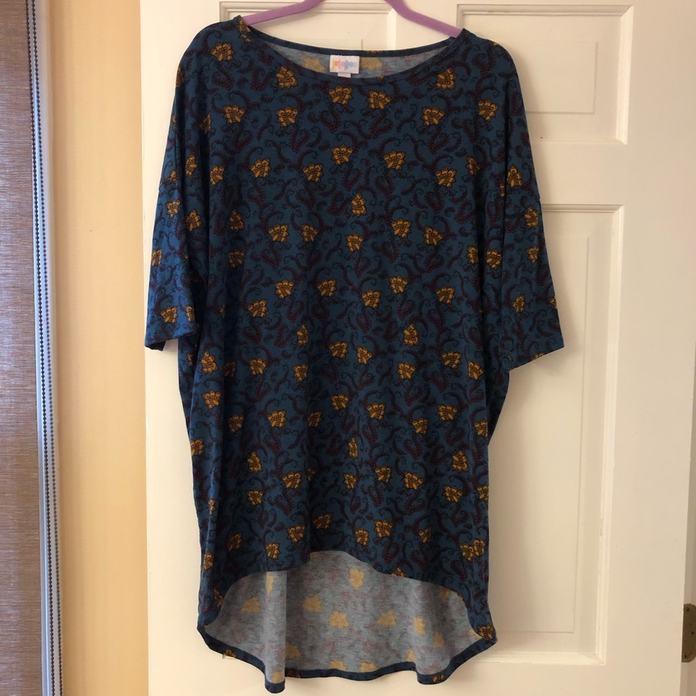 LuLaRoe Irma Top - Teal Green/Burgundy/Yellow